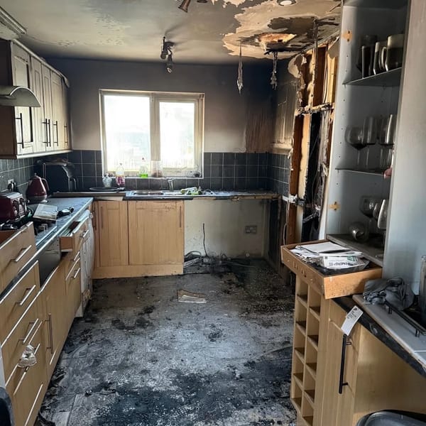 The fire damage in the family's kitchen