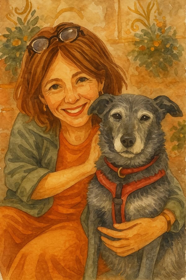 An illustration of Sarah Dunscombe-Berry with her Irish rescue Mercy, who died recently